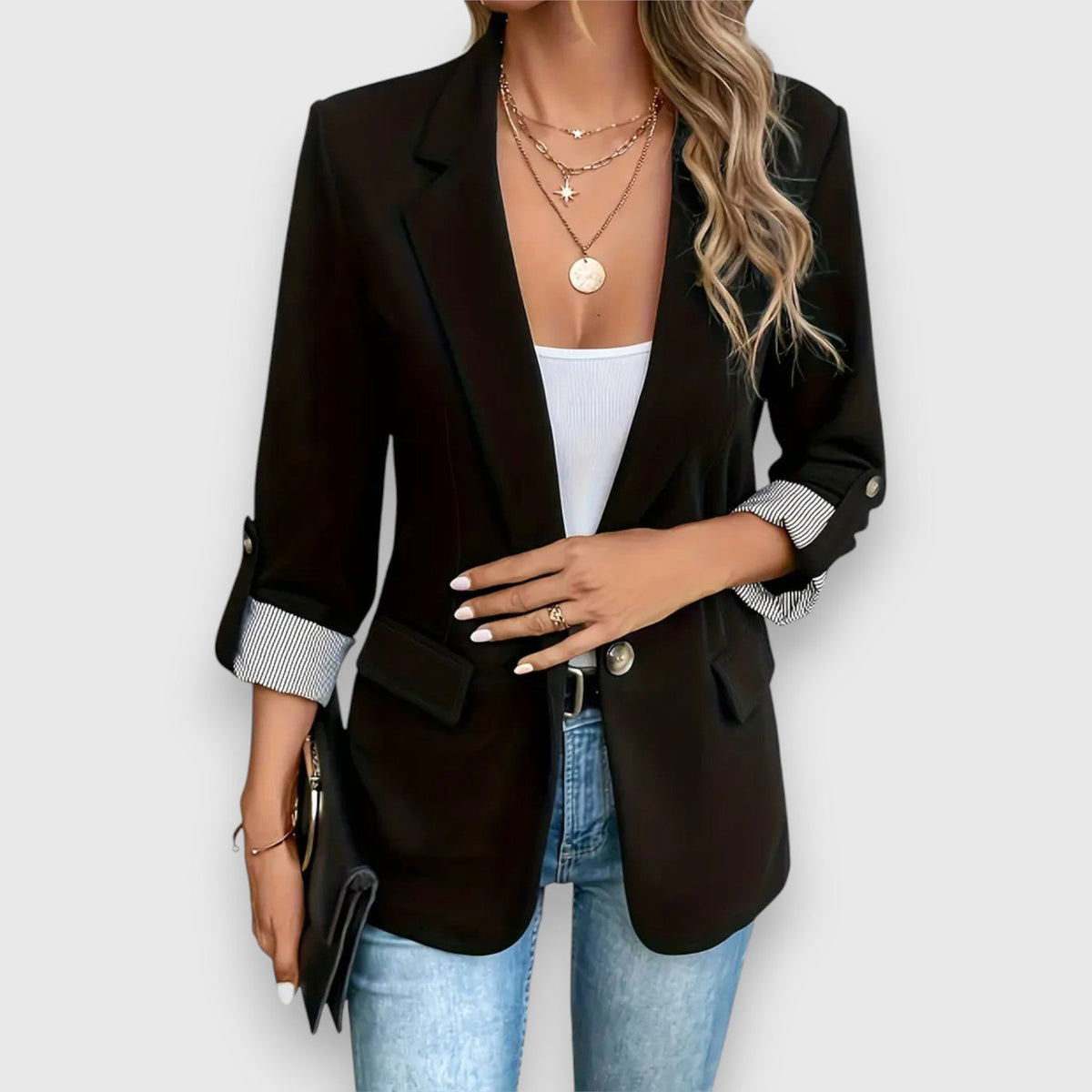 Blazer til kvinder med revers og ærmer der kan smøges - Sort