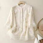 Bluse til kvinder med broderi og gennemsigtige ærmer - Beige