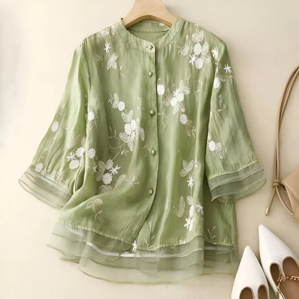 Bluse til kvinder med broderi og gennemsigtige ærmer