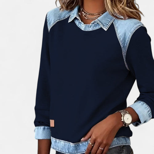 Bluse til kvinder med denimkrave og kontrastindsats - Marineblå