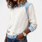 Bluse til kvinder med denimkrave og kontrastindsats