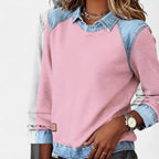 Bluse til kvinder med denimkrave og kontrastindsats