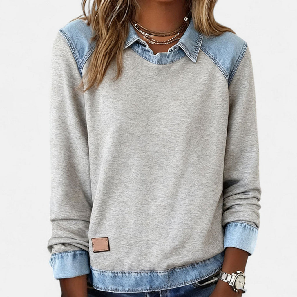 Bluse til kvinder med denimkrave og kontrastindsats