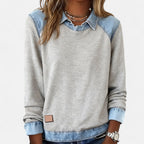 Bluse til kvinder med denimkrave og kontrastindsats