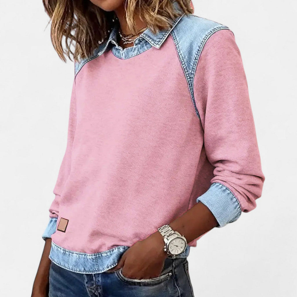 Bluse til kvinder med denimkrave og kontrastindsats