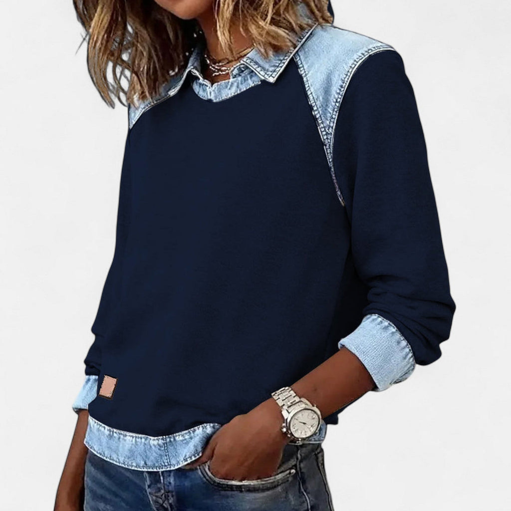 Bluse til kvinder med denimkrave og kontrastindsats