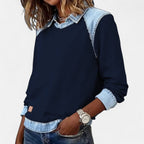 Bluse til kvinder med denimkrave og kontrastindsats