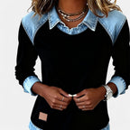 Bluse til kvinder med denimkrave og kontrastindsats