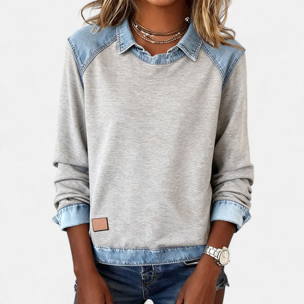 Bluse til kvinder med denimkrave og kontrastindsats