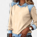 Bluse til kvinder med denimkrave og kontrastindsats