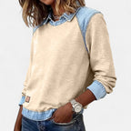 Bluse til kvinder med denimkrave og kontrastindsats