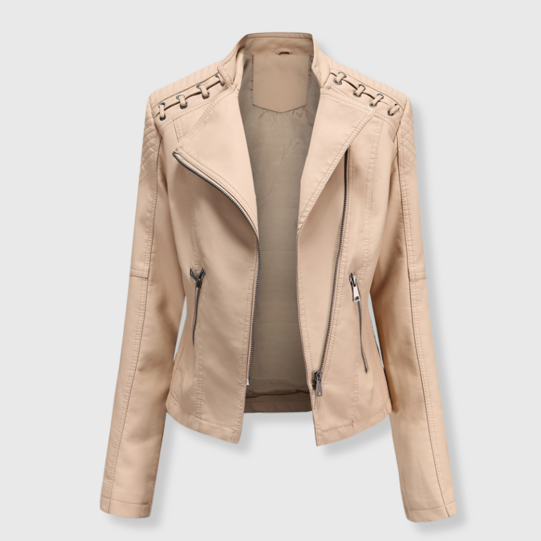 Kort bikerjakke i læderlook til kvinder med skrå lynlås - Khaki