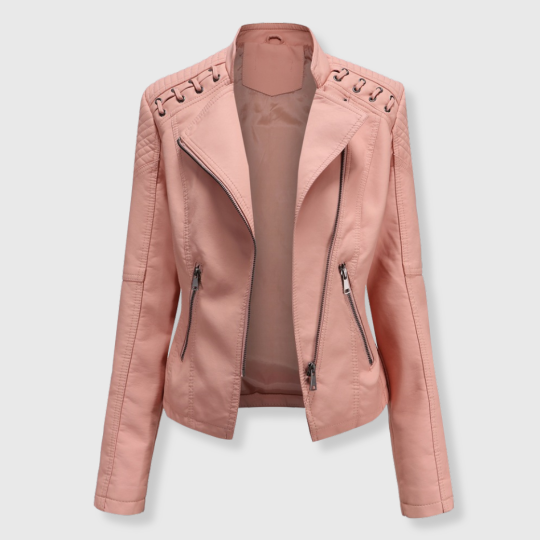Kort bikerjakke i læderlook til kvinder med skrå lynlås - Rosa