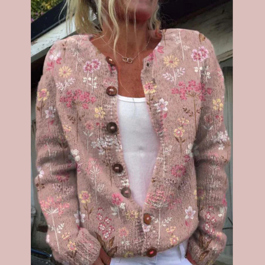 Kort strikcardigan til kvinder med print og knaplukning - Rosa
