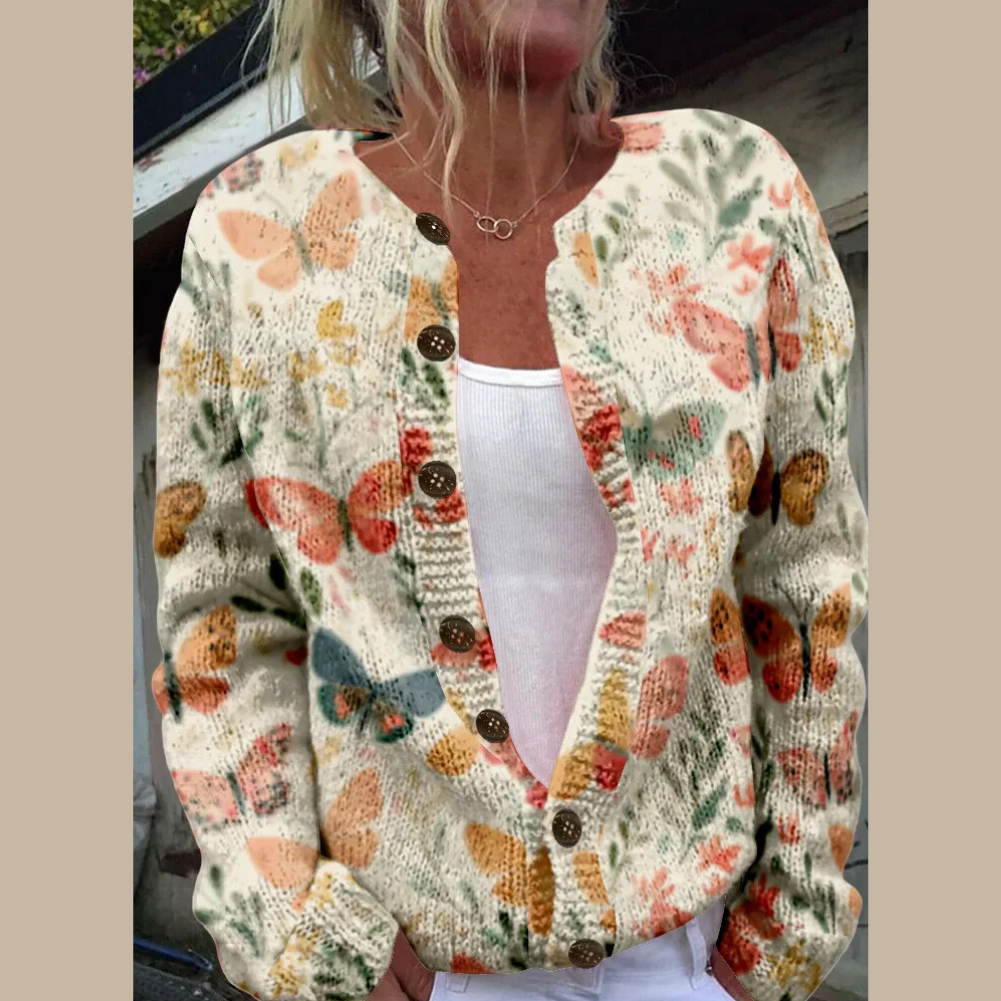 Kort strikcardigan til kvinder med print og knaplukning - Beige