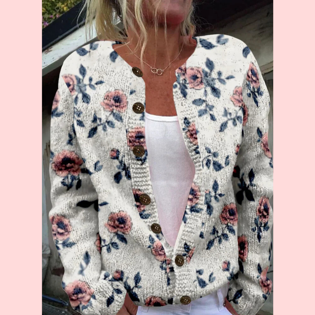 Kort strikcardigan til kvinder med print og knaplukning - Rosa