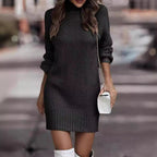Kort strikkjole til kvinder med høj hals og lange ærmer