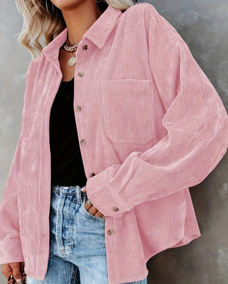 Overshirt til kvinder med riflet overflade og brystlomme - Rosa