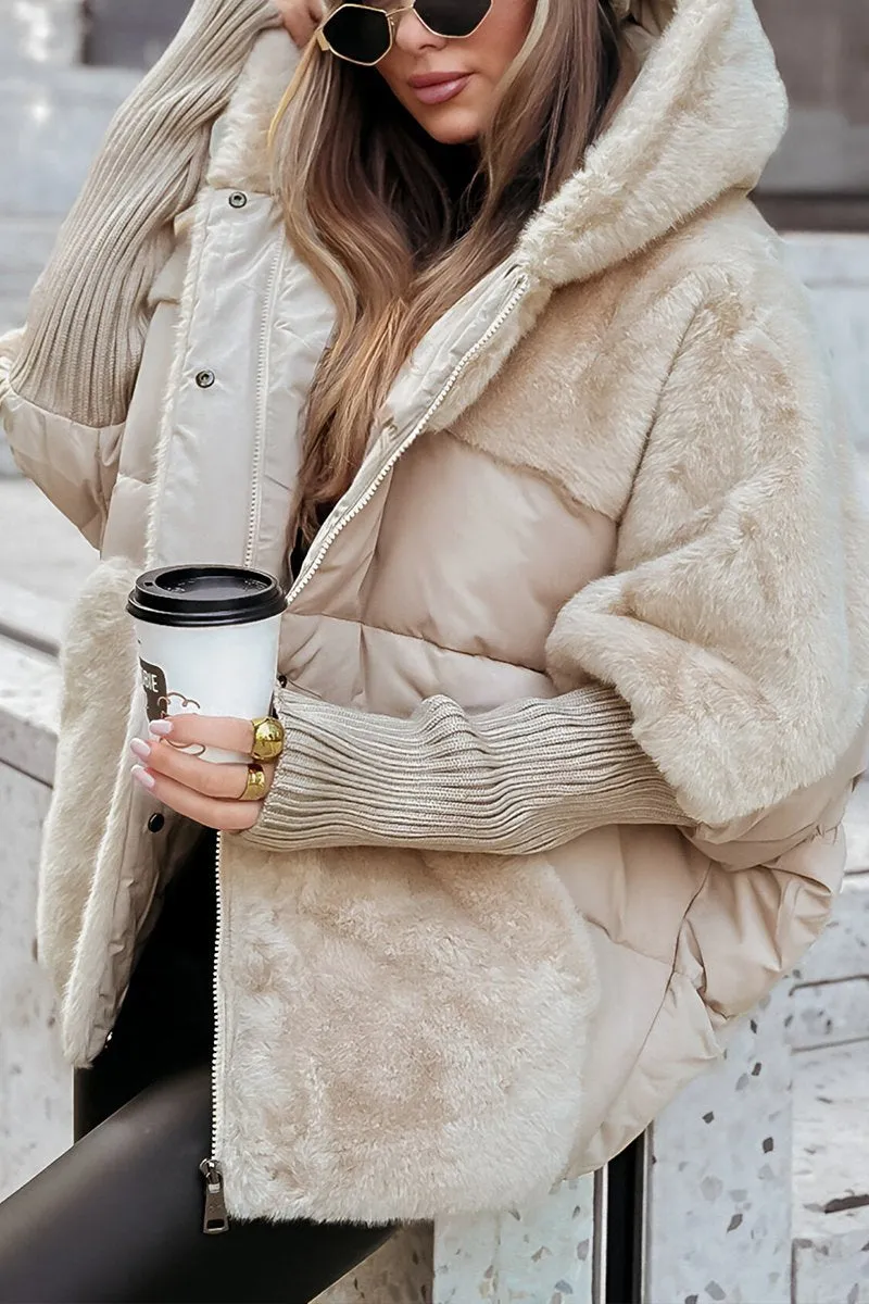 Oversized dynejakke til kvinder med stor krave - Beige