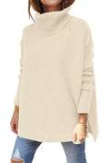 Oversized rullekravepullover til kvinder med sideslids - Beige