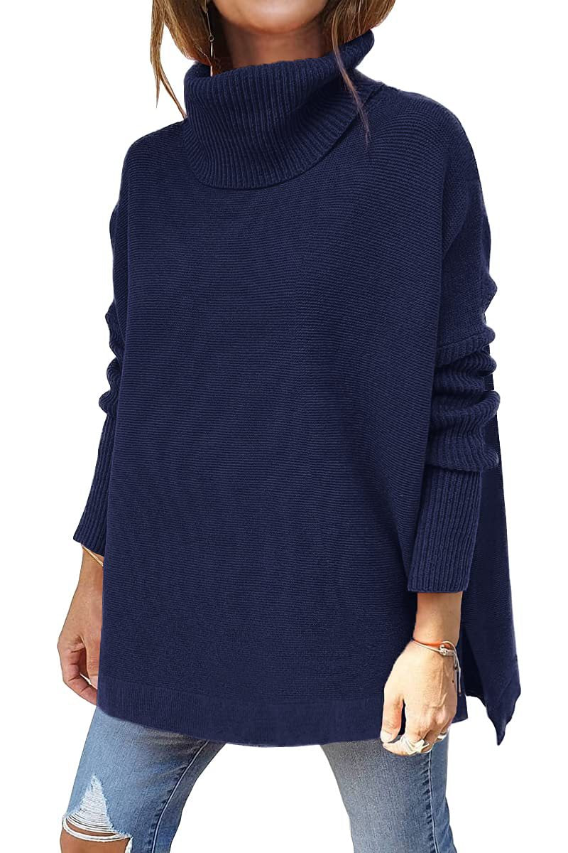 Oversized rullekravepullover til kvinder med sideslids - Blå