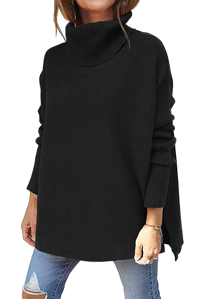 Oversized rullekravepullover til kvinder med sideslids - Sort