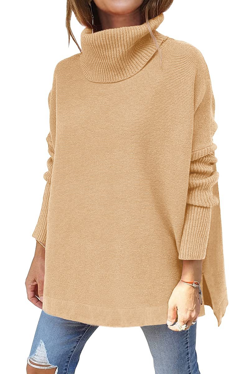 Oversized rullekravepullover til kvinder med sideslids - Khaki