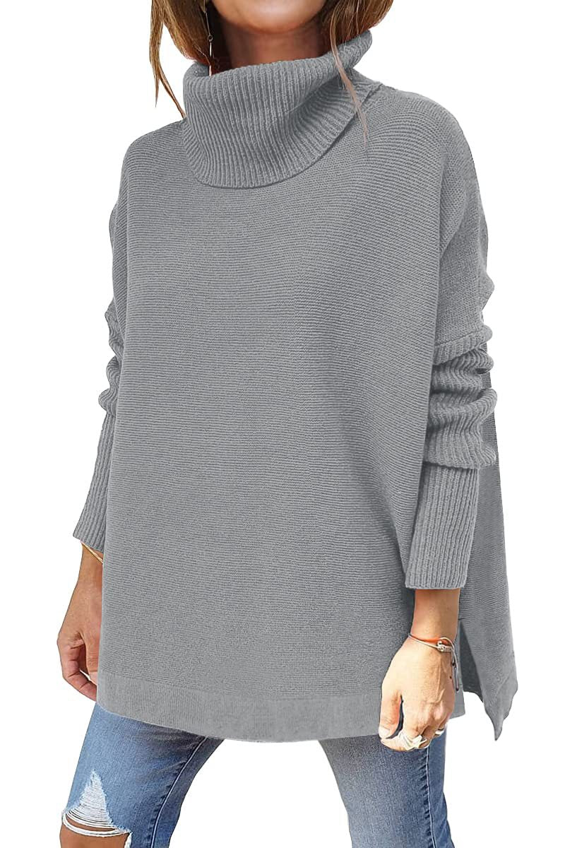Oversized rullekravepullover til kvinder med sideslids - Grå