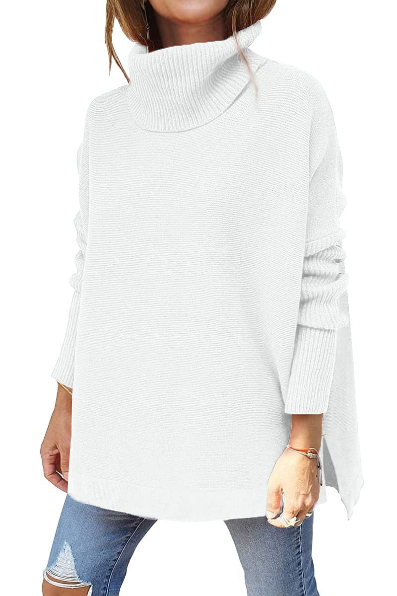 Oversized rullekravepullover til kvinder med sideslids - Hvid