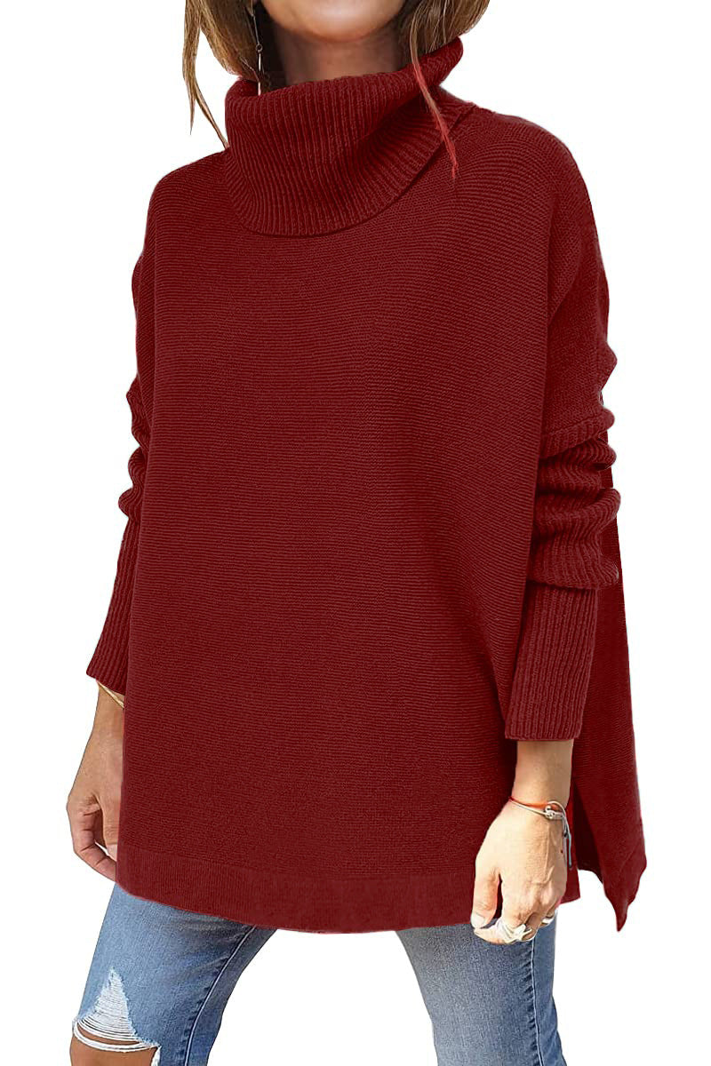 Oversized rullekravepullover til kvinder med sideslids - Rød