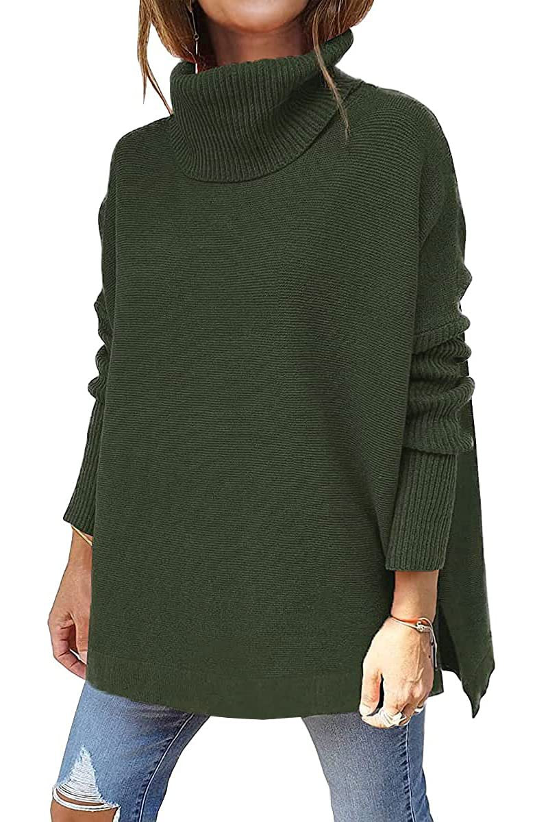 Oversized rullekravepullover til kvinder med sideslids - Grøn