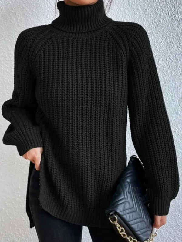 Ribstrikket pullover til kvinder med høj hals og slids