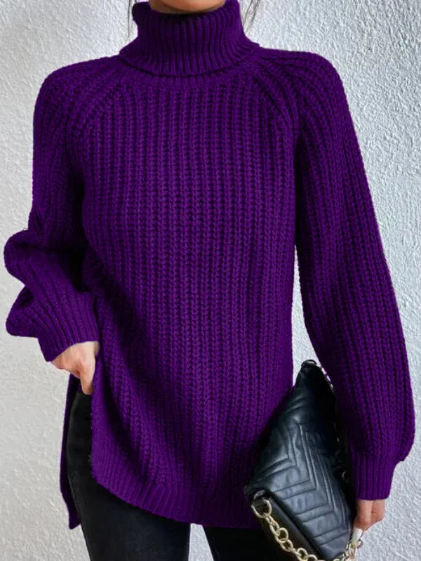 Ribstrikket pullover til kvinder med høj hals og slids - Lilla