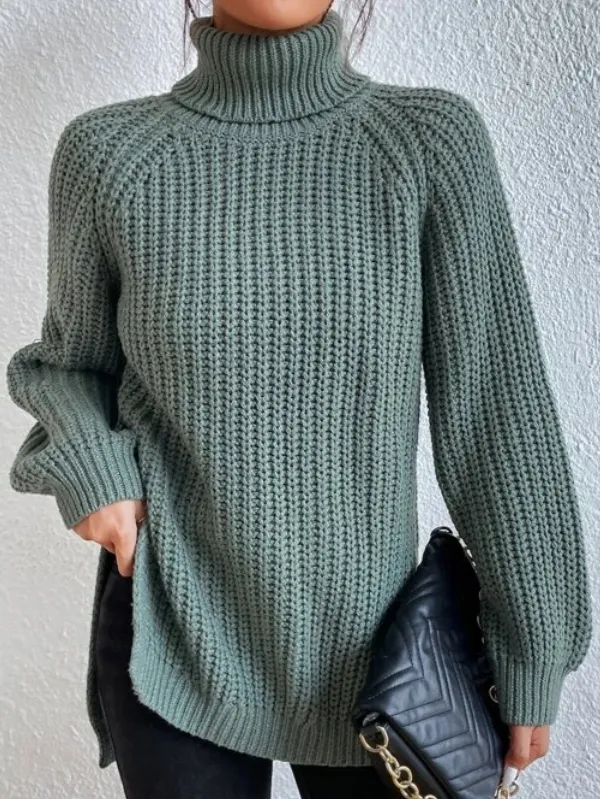 Ribstrikket pullover til kvinder med høj hals og slids - Grøn