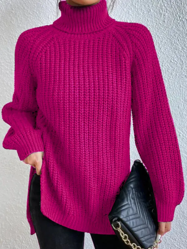 Ribstrikket pullover til kvinder med høj hals og slids - Rosa