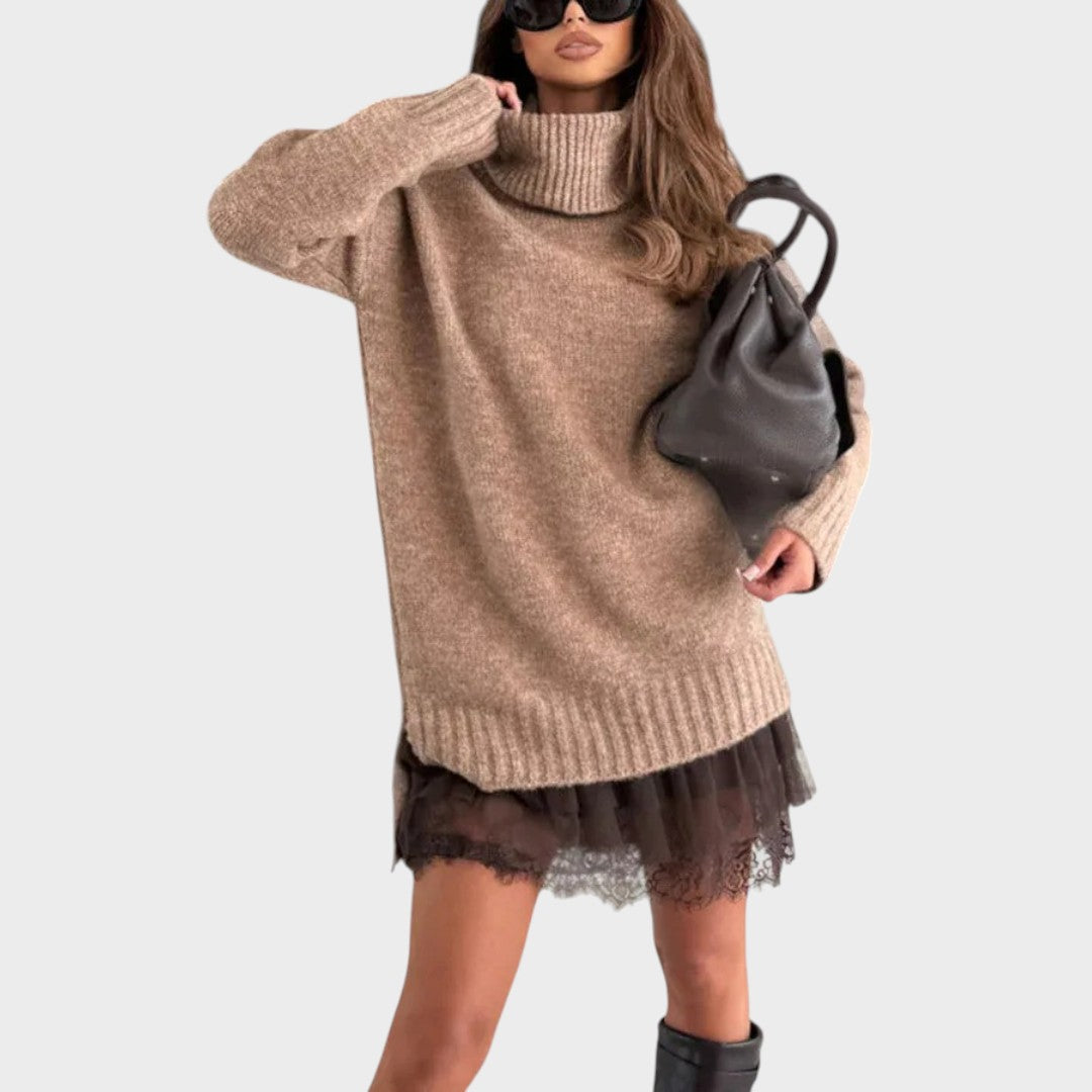Sæt til kvinder med rullekravebluse og kjole med blondekant - Beige/brun