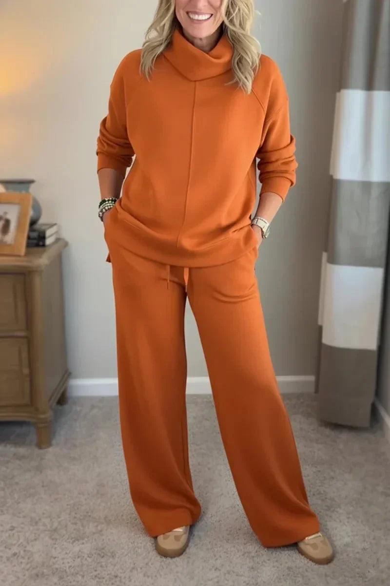 Sæt til kvinder med rullekravebluse og vide bukser - Orange